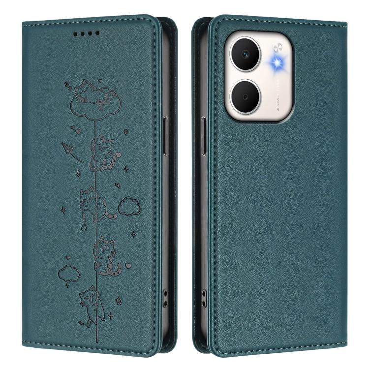 For OPPO A5x 4G / 5G Global Cute Cats Embossed Magnetic RFID Vegan Leather Phone Case