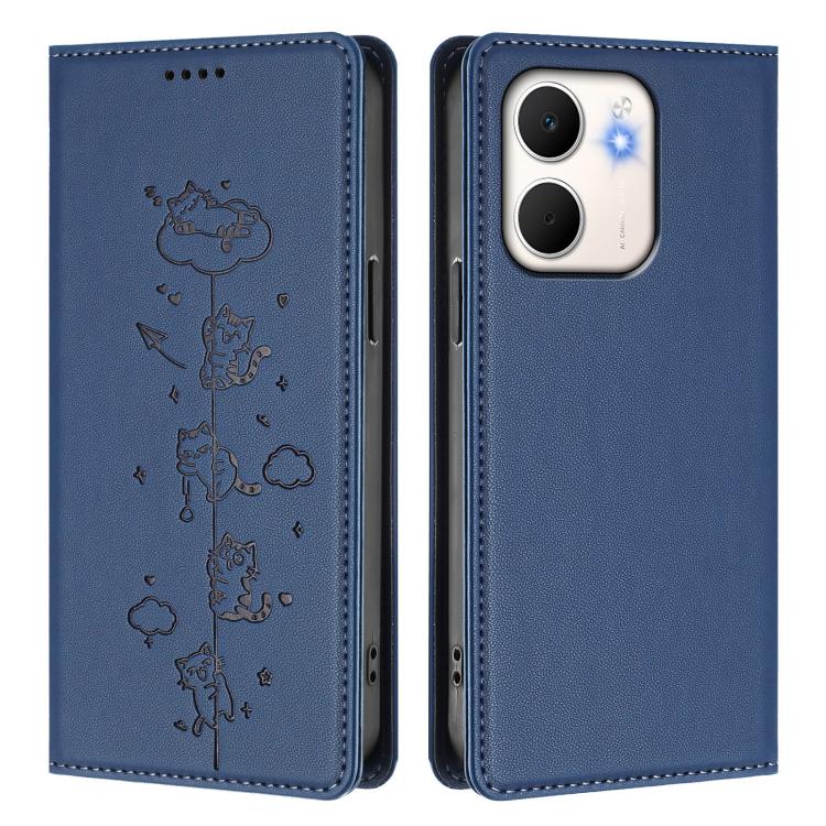 For OPPO A5x 4G / 5G Global Cute Cats Embossed Magnetic RFID Vegan Leather Phone Case
