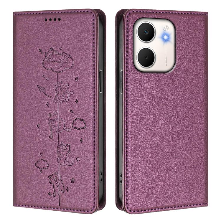 For OPPO A5x 4G / 5G Global Cute Cats Embossed Magnetic RFID Vegan Leather Phone Case