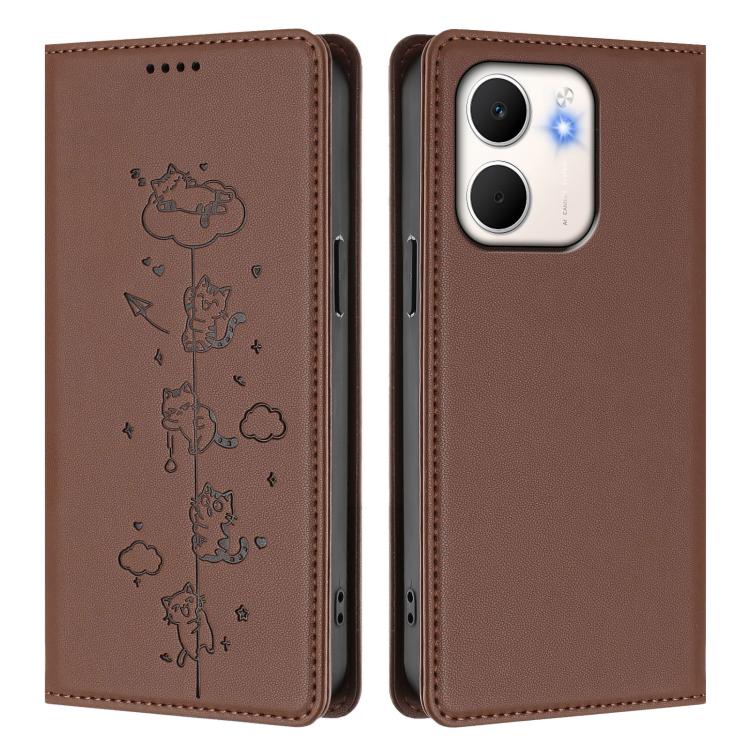 For OPPO A5x 4G / 5G Global Cute Cats Embossed Magnetic RFID Vegan Leather Phone Case