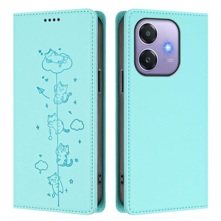 For OPPO A3x 4G / 5G Global Cute Cats Embossed Magnetic RFID Vegan Leather Phone Case