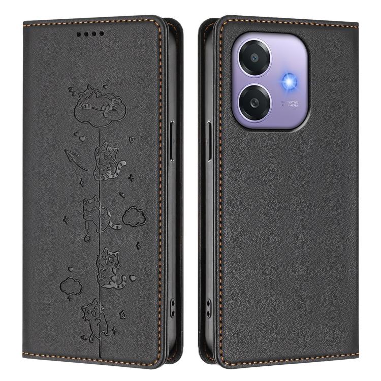 For OPPO A3x 4G / 5G Global Cute Cats Embossed Magnetic RFID Vegan Leather Phone Case