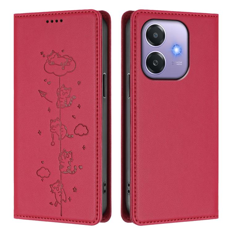 For OPPO A3x 4G / 5G Global Cute Cats Embossed Magnetic RFID Vegan Leather Phone Case