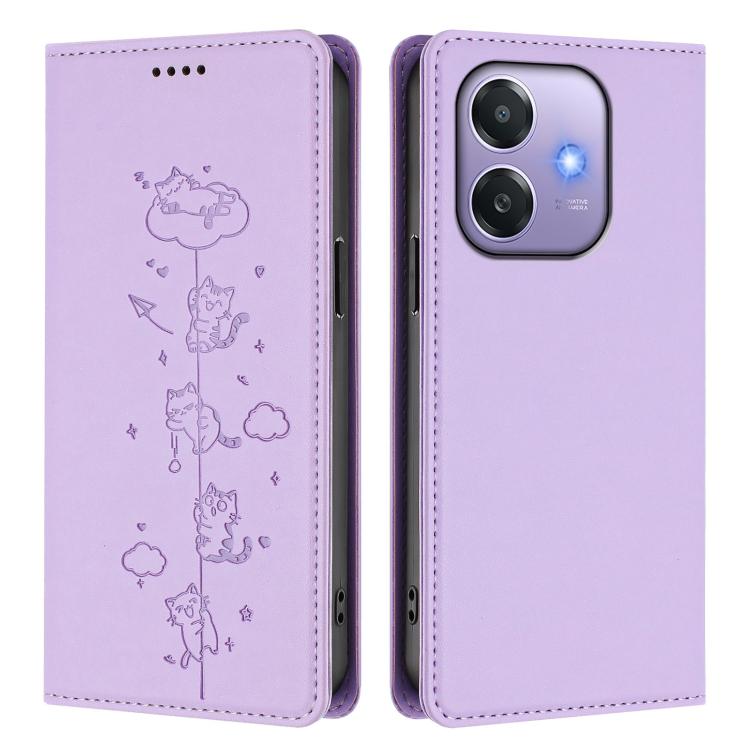 For OPPO A3x 4G / 5G Global Cute Cats Embossed Magnetic RFID Vegan Leather Phone Case