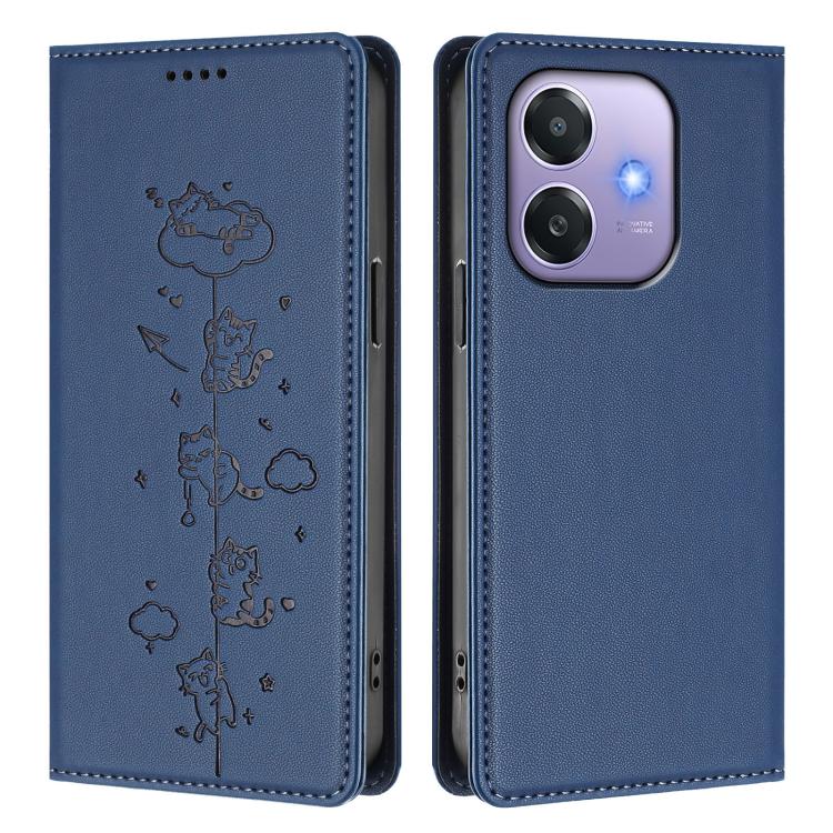 For OPPO A3x 4G / 5G Global Cute Cats Embossed Magnetic RFID Vegan Leather Phone Case