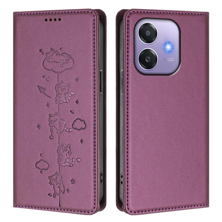 For OPPO A3x 4G / 5G Global Cute Cats Embossed Magnetic RFID Vegan Leather Phone Case