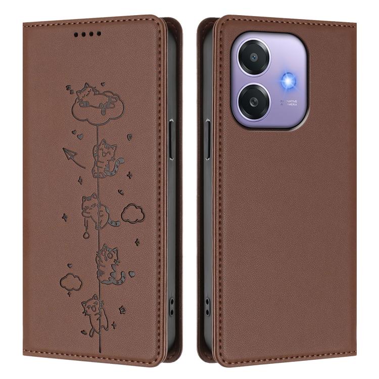 For OPPO A3x 4G / 5G Global Cute Cats Embossed Magnetic RFID Vegan Leather Phone Case