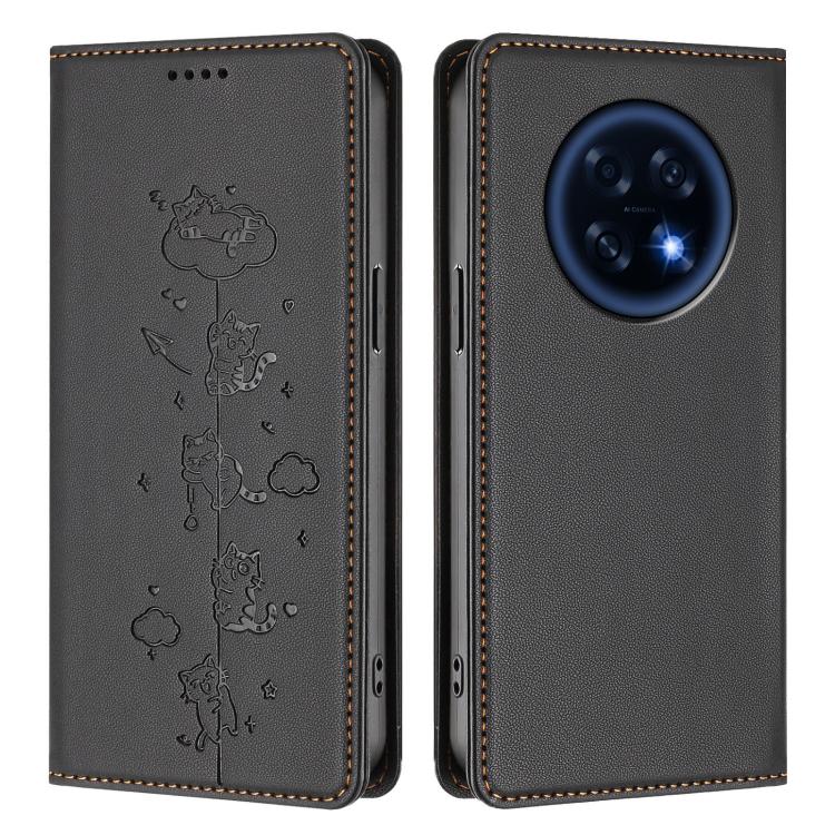 For OPPO A6 GT 5G / F31 Pro+ Cute Cats Embossed Magnetic RFID Vegan Leather Phone Case
