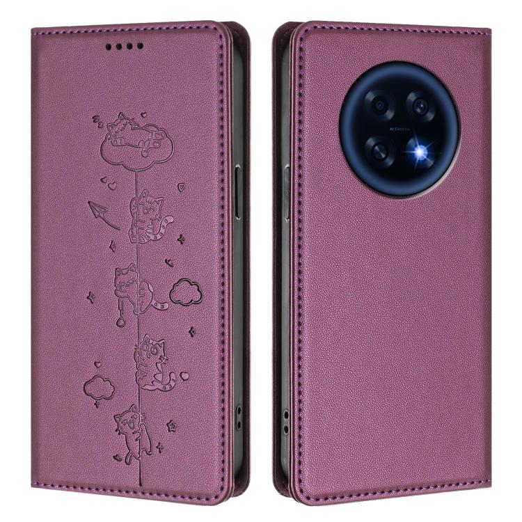 For OPPO A6 GT 5G / F31 Pro+ Cute Cats Embossed Magnetic RFID Vegan Leather Phone Case