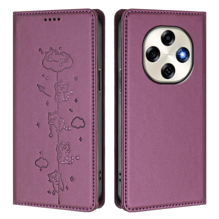 For OPPO F31 Pro Cute Cats Embossed Magnetic RFID Vegan Leather Phone Case