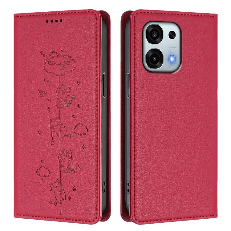 For OPPO F31 5G / A6 Pro 4G / 5G Global Cute Cats Embossed Magnetic RFID Vegan Leather Phone Case