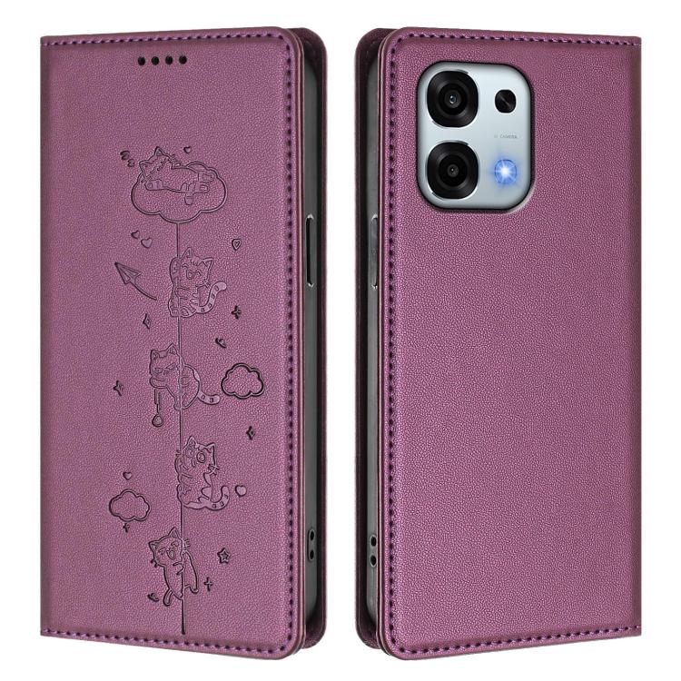 For OPPO F31 5G / A6 Pro 4G / 5G Global Cute Cats Embossed Magnetic RFID Vegan Leather Phone Case