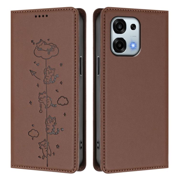 For OPPO F31 5G / A6 Pro 4G / 5G Global Cute Cats Embossed Magnetic RFID Vegan Leather Phone Case
