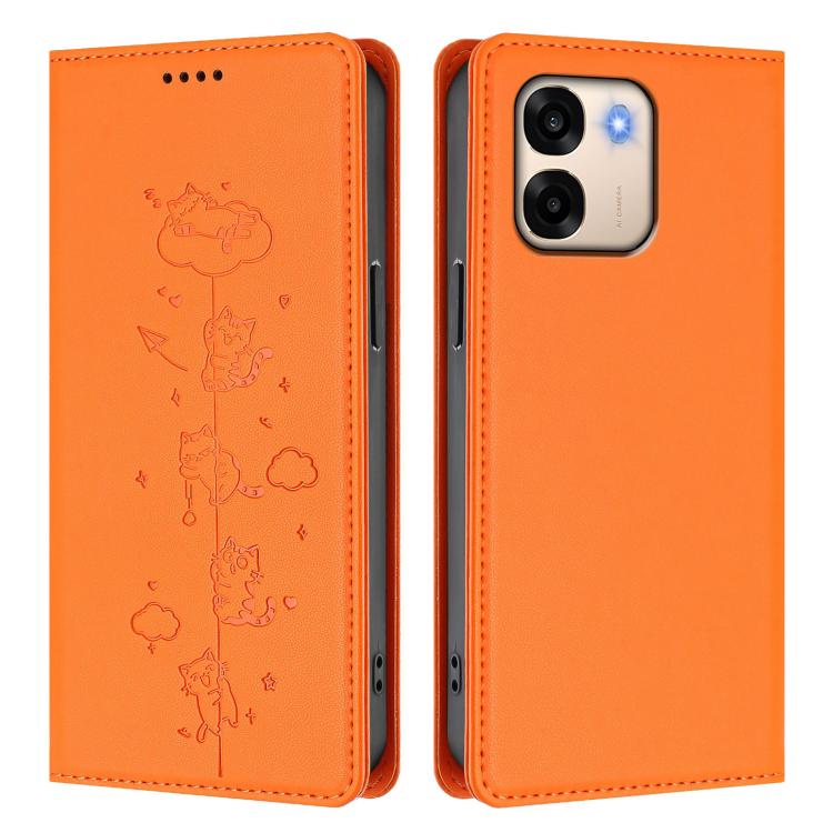 For OPPO A6x 5G / A6 5G Global Cute Cats Embossed Magnetic RFID Vegan Leather Phone Case