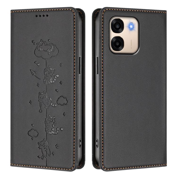 For OPPO A6x 5G / A6 5G Global Cute Cats Embossed Magnetic RFID Vegan Leather Phone Case