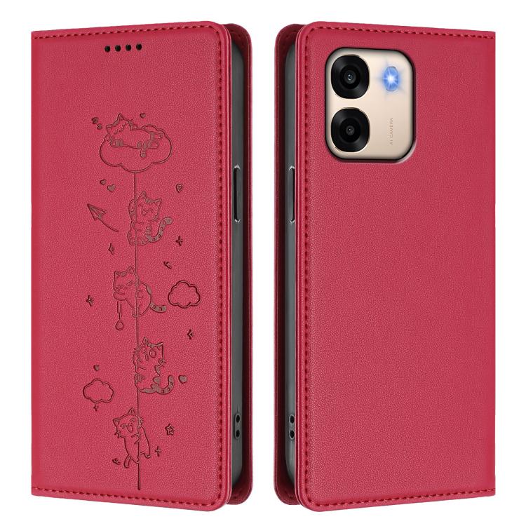 For OPPO A6x 5G / A6 5G Global Cute Cats Embossed Magnetic RFID Vegan Leather Phone Case