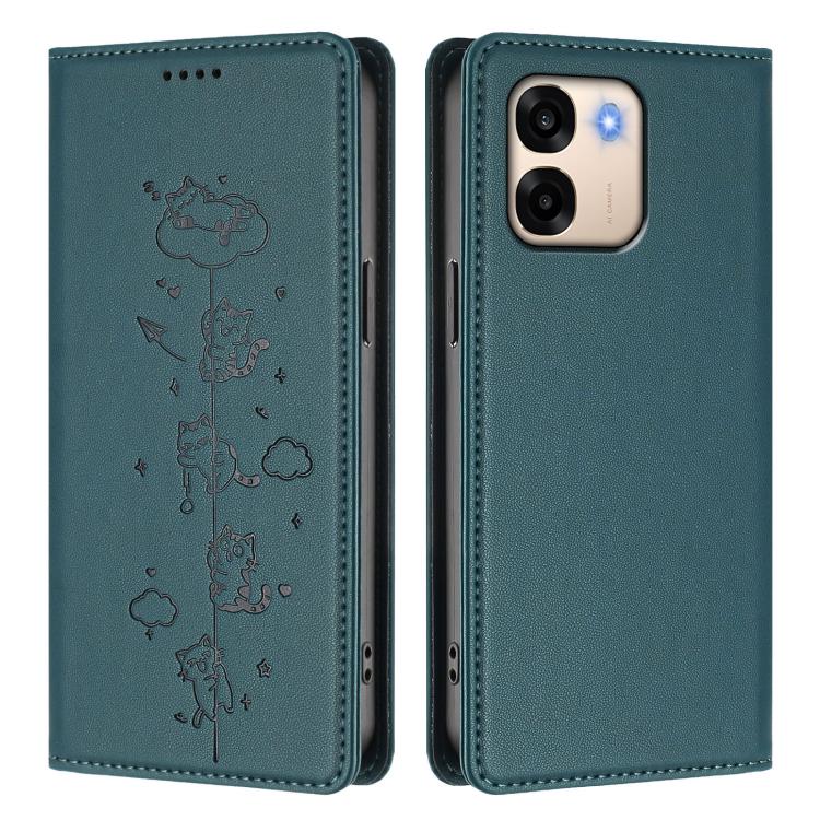For OPPO A6x 5G / A6 5G Global Cute Cats Embossed Magnetic RFID Vegan Leather Phone Case