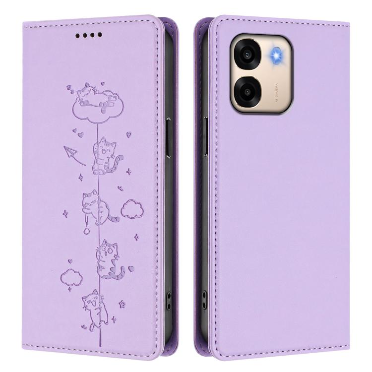 For OPPO A6x 5G / A6 5G Global Cute Cats Embossed Magnetic RFID Vegan Leather Phone Case