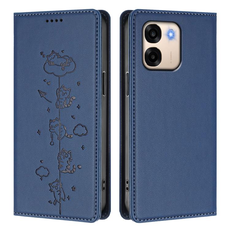 For OPPO A6x 5G / A6 5G Global Cute Cats Embossed Magnetic RFID Vegan Leather Phone Case