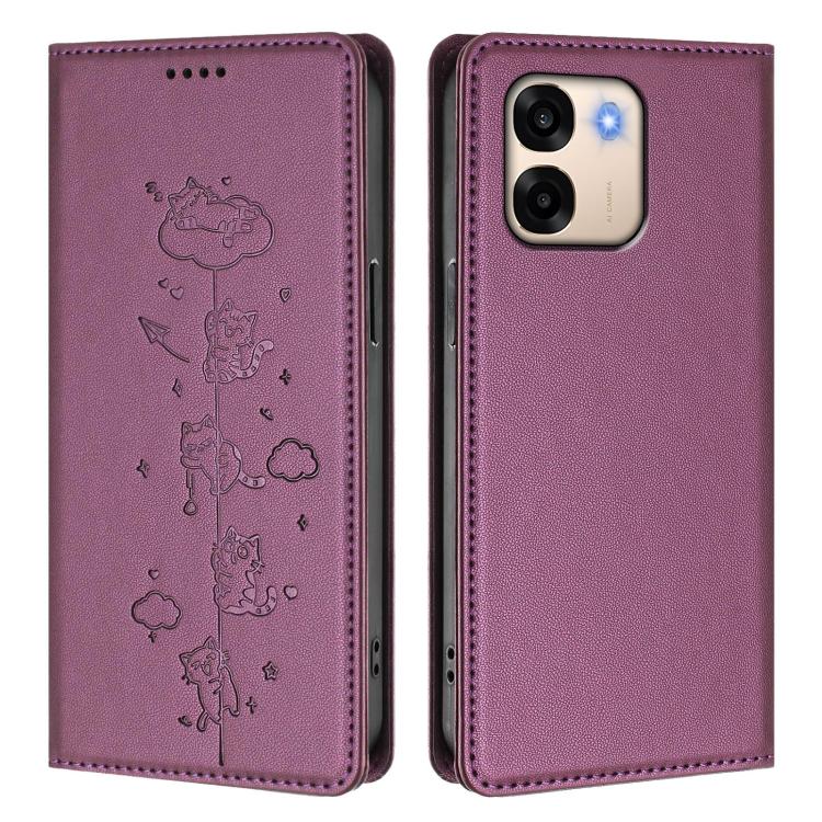 For OPPO A6x 5G / A6 5G Global Cute Cats Embossed Magnetic RFID Vegan Leather Phone Case