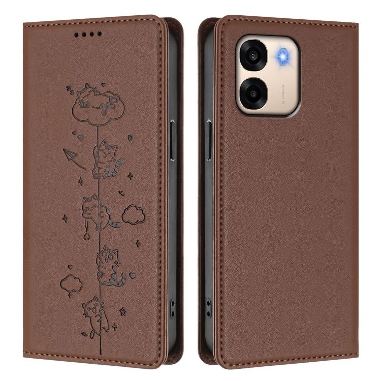 For OPPO A6x 5G / A6 5G Global Cute Cats Embossed Magnetic RFID Vegan Leather Phone Case