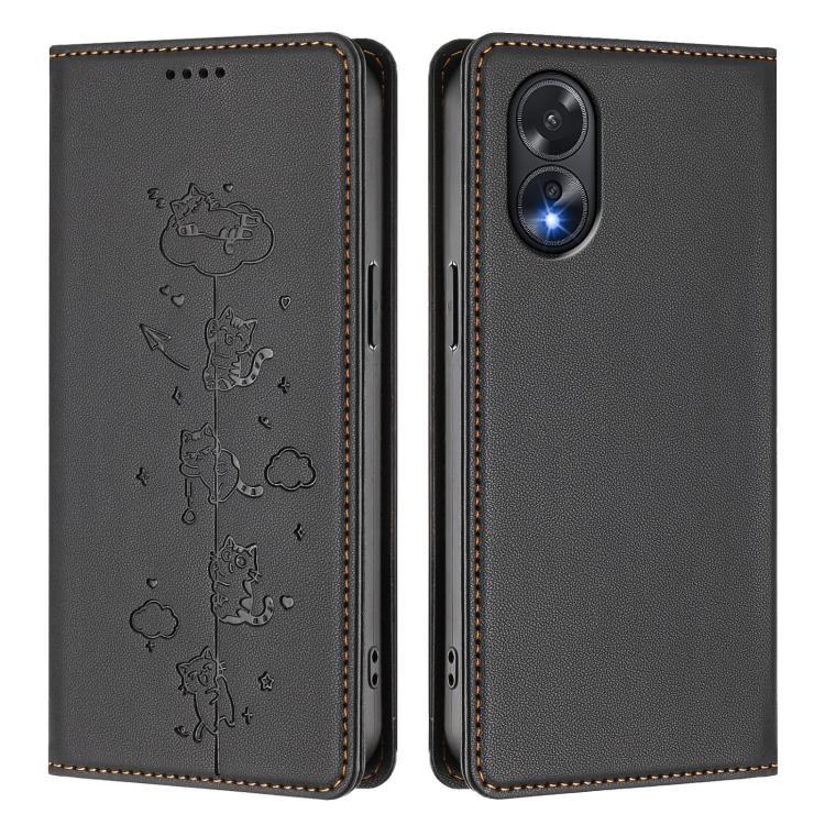 For OPPO A38 4G / A18 4G Global Cute Cats Embossed Magnetic RFID Vegan Leather Phone Case