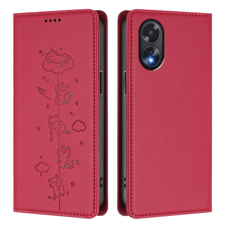 For OPPO A38 4G / A18 4G Global Cute Cats Embossed Magnetic RFID Vegan Leather Phone Case