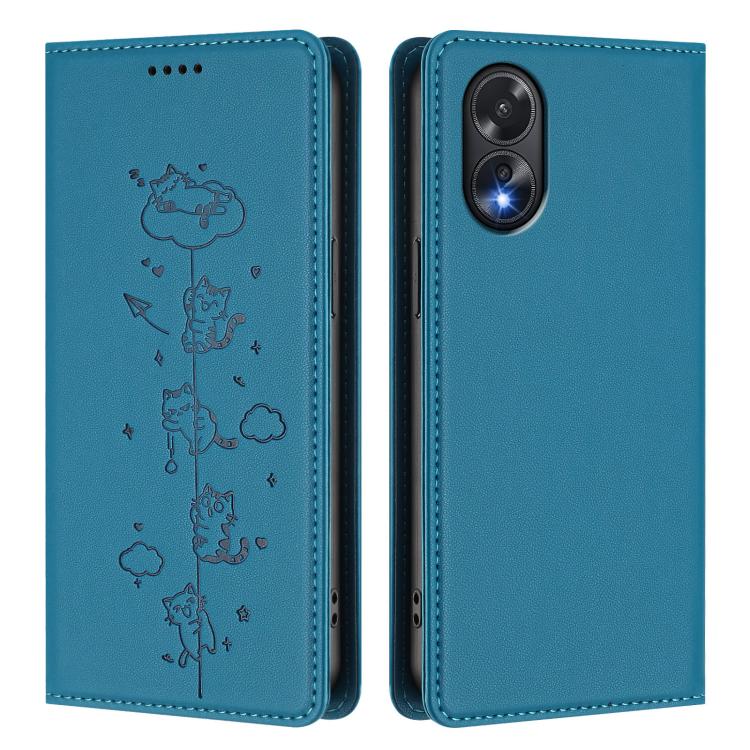 For OPPO A38 4G / A18 4G Global Cute Cats Embossed Magnetic RFID Vegan Leather Phone Case