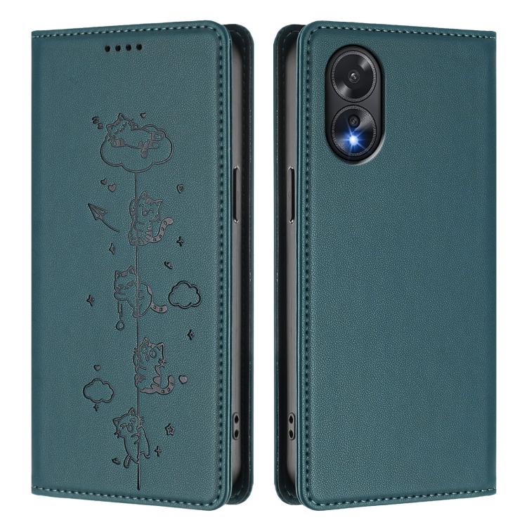 For OPPO A38 4G / A18 4G Global Cute Cats Embossed Magnetic RFID Vegan Leather Phone Case