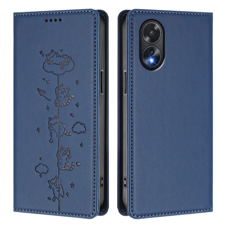 For OPPO A38 4G / A18 4G Global Cute Cats Embossed Magnetic RFID Vegan Leather Phone Case