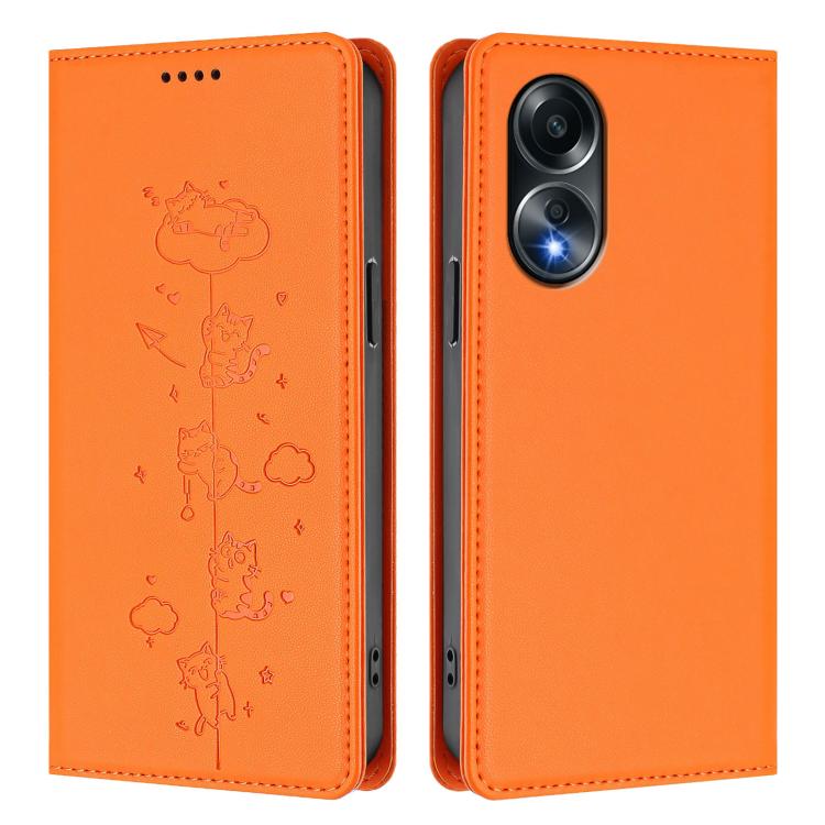 For OPPO A58 4G Global Cute Cats Embossed Magnetic RFID Vegan Leather Phone Case