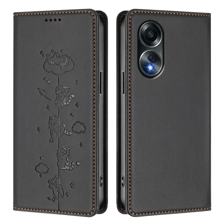 For OPPO A58 4G Global Cute Cats Embossed Magnetic RFID Vegan Leather Phone Case