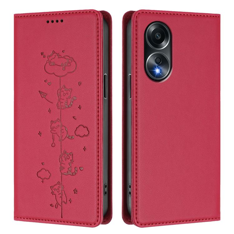 For OPPO A58 4G Global Cute Cats Embossed Magnetic RFID Vegan Leather Phone Case