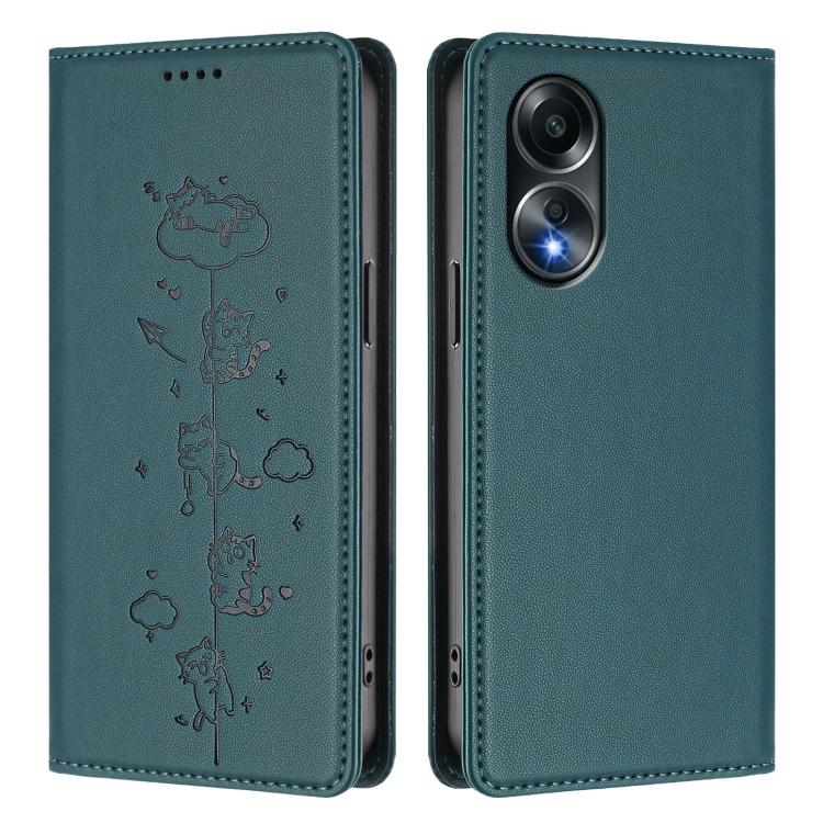 For OPPO A58 4G Global Cute Cats Embossed Magnetic RFID Vegan Leather Phone Case