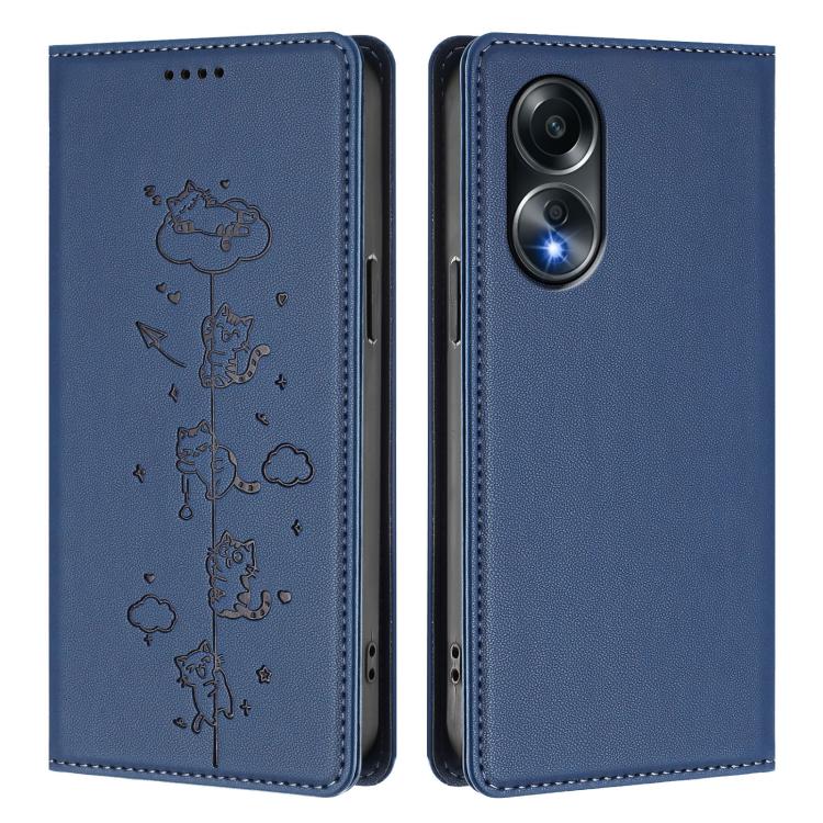 For OPPO A58 4G Global Cute Cats Embossed Magnetic RFID Vegan Leather Phone Case