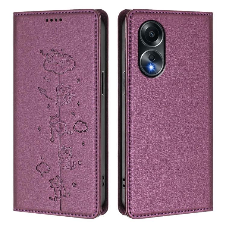 For OPPO A58 4G Global Cute Cats Embossed Magnetic RFID Vegan Leather Phone Case