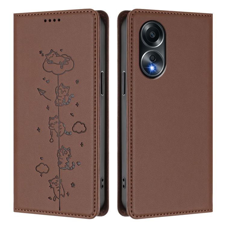 For OPPO A58 4G Global Cute Cats Embossed Magnetic RFID Vegan Leather Phone Case