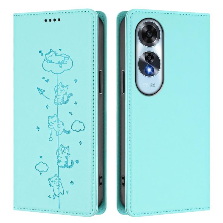 For OPPO A60 4G Global Cute Cats Embossed Magnetic RFID Vegan Leather Phone Case
