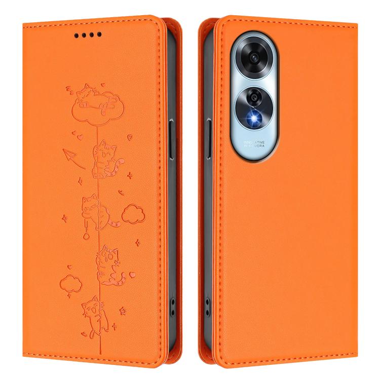 For OPPO A60 4G Global Cute Cats Embossed Magnetic RFID Vegan Leather Phone Case