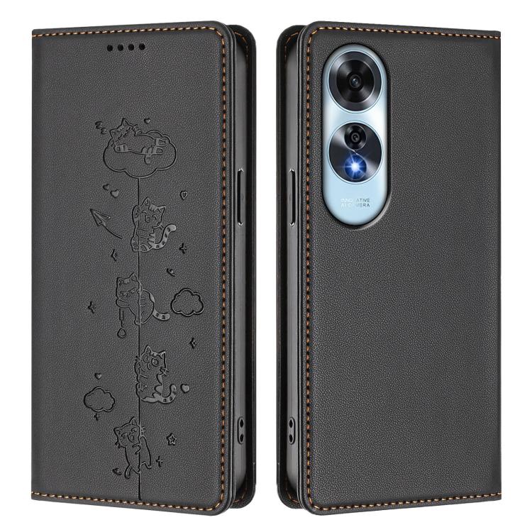 For OPPO A60 4G Global Cute Cats Embossed Magnetic RFID Vegan Leather Phone Case