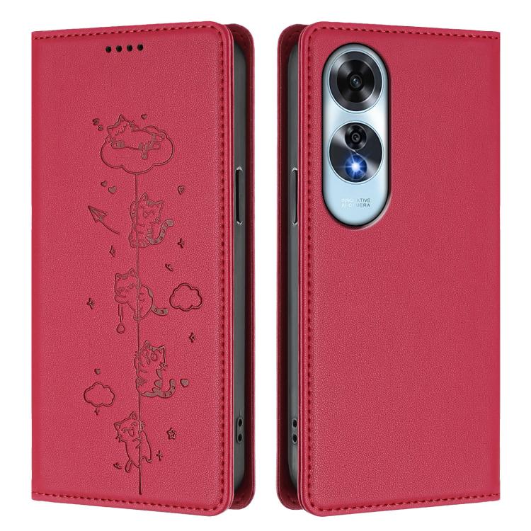 For OPPO A60 4G Global Cute Cats Embossed Magnetic RFID Vegan Leather Phone Case