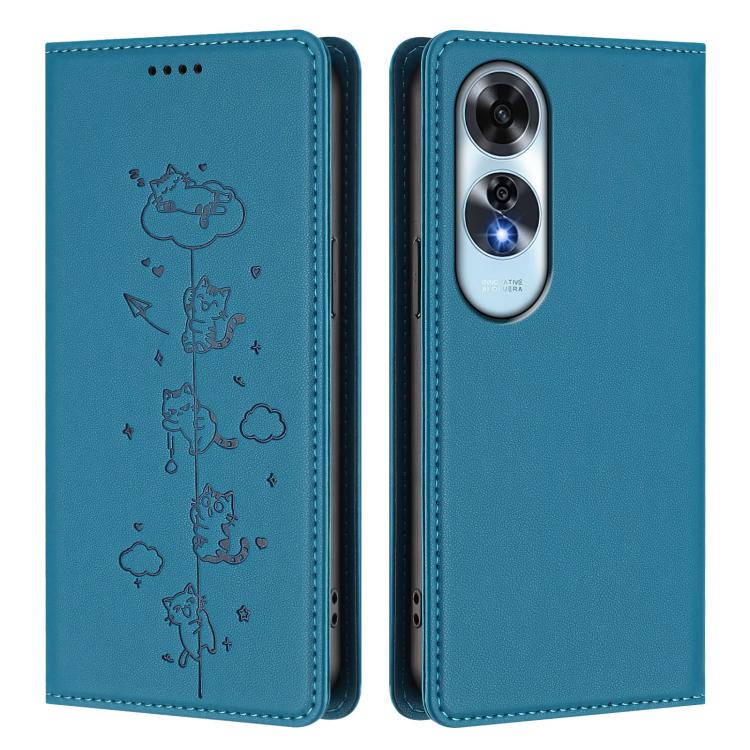 For OPPO A60 4G Global Cute Cats Embossed Magnetic RFID Vegan Leather Phone Case