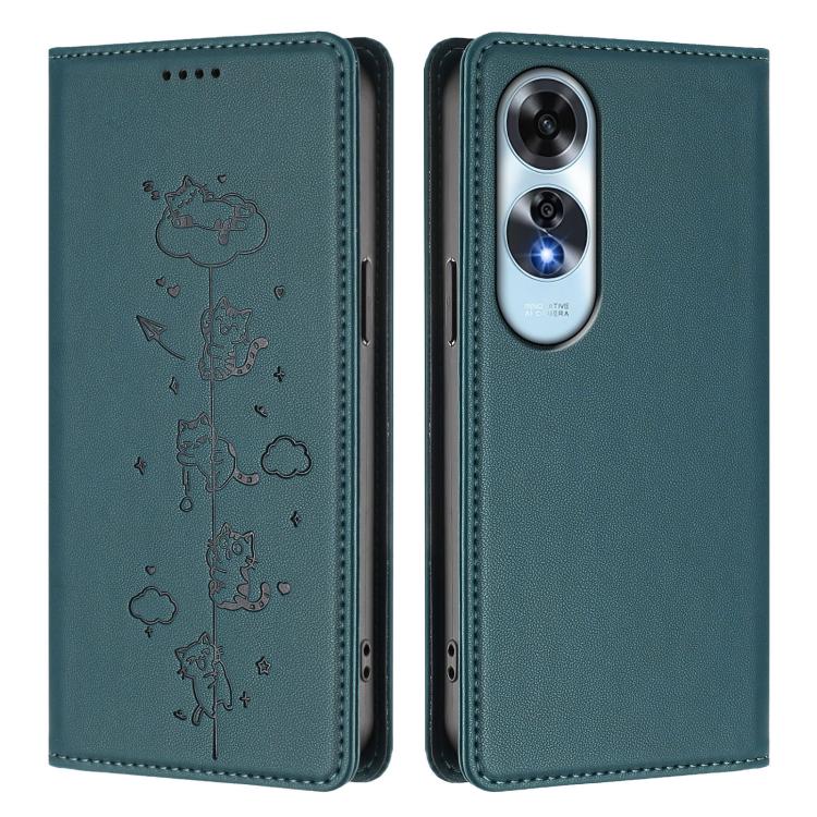 For OPPO A60 4G Global Cute Cats Embossed Magnetic RFID Vegan Leather Phone Case