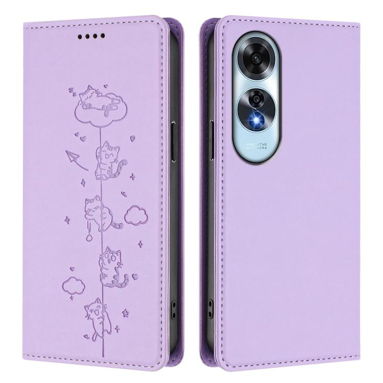 For OPPO A60 4G Global Cute Cats Embossed Magnetic RFID Vegan Leather Phone Case