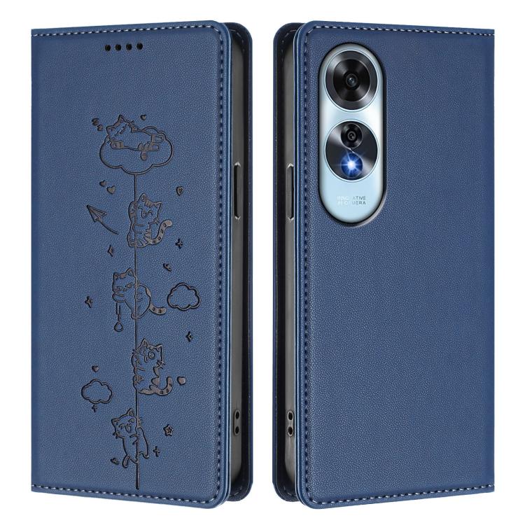 For OPPO A60 4G Global Cute Cats Embossed Magnetic RFID Vegan Leather Phone Case