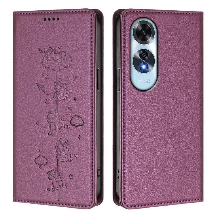 For OPPO A60 4G Global Cute Cats Embossed Magnetic RFID Vegan Leather Phone Case