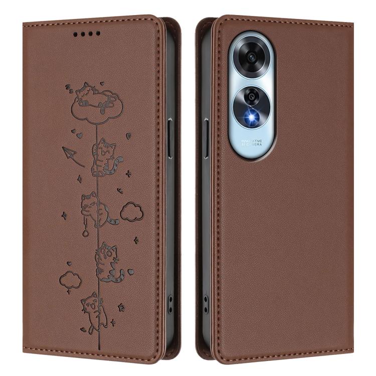 For OPPO A60 4G Global Cute Cats Embossed Magnetic RFID Vegan Leather Phone Case
