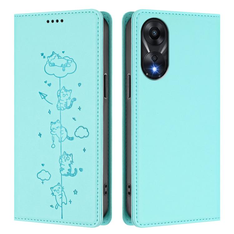 For OPPO A78 4G Global Cute Cats Embossed Magnetic RFID Vegan Leather Phone Case