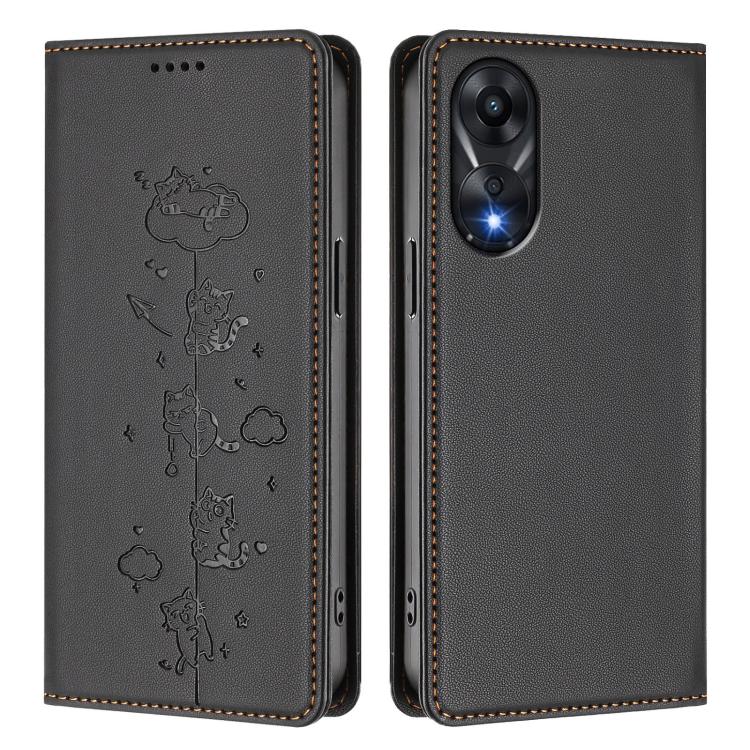 For OPPO A78 4G Global Cute Cats Embossed Magnetic RFID Vegan Leather Phone Case