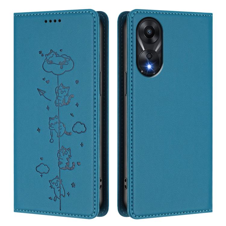 For OPPO A78 4G Global Cute Cats Embossed Magnetic RFID Vegan Leather Phone Case